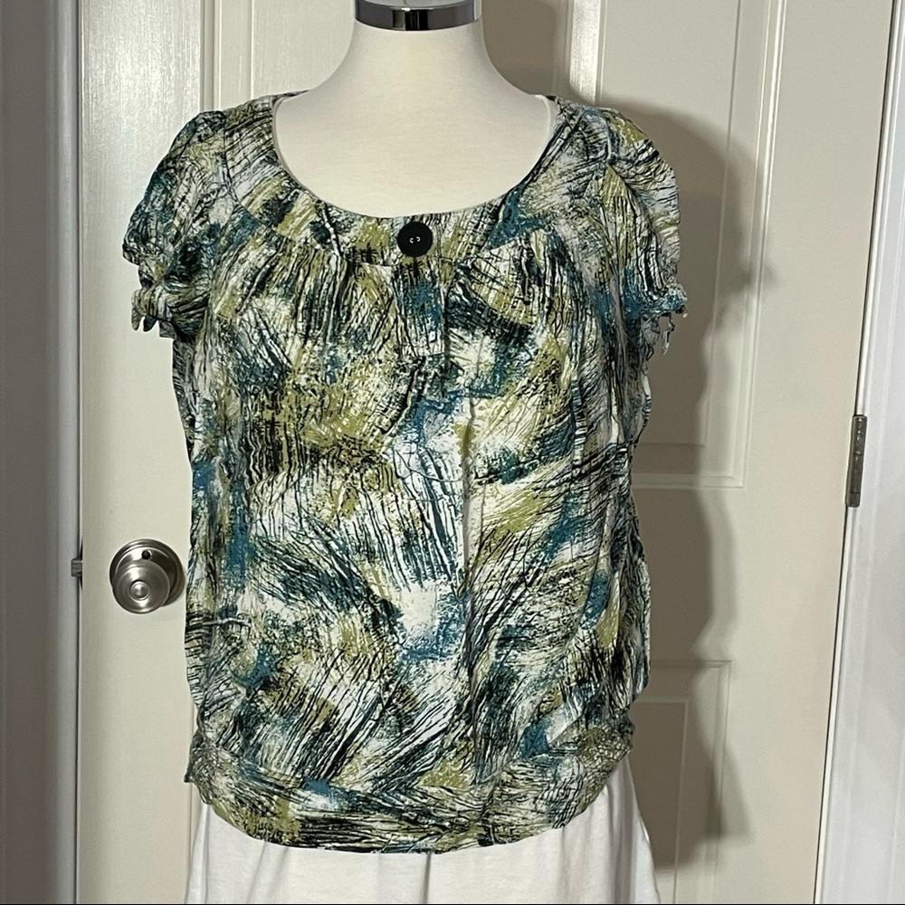 DressbarnWoman Splash Design Blue/Green/Black Scoop Neck Elastic Waist  Short Sl